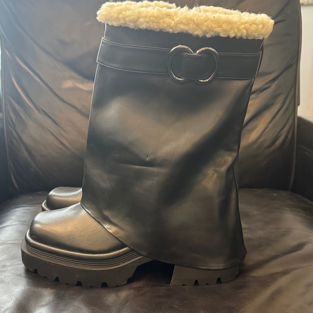 Circus Sam Edelman Black Faux Leather Lug-Sole Shearling-Trim Boots